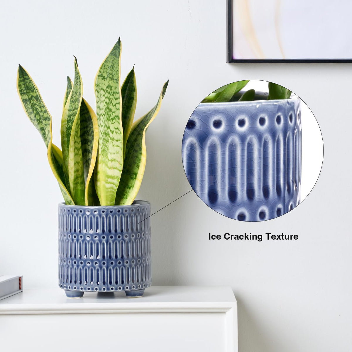 STHIE 5 Inch Ceramic Planters for Indoor Plants, Blue Cactus Snake Plant Pots with Drainage, Unique Design Round Flower Pot for Home Decoration