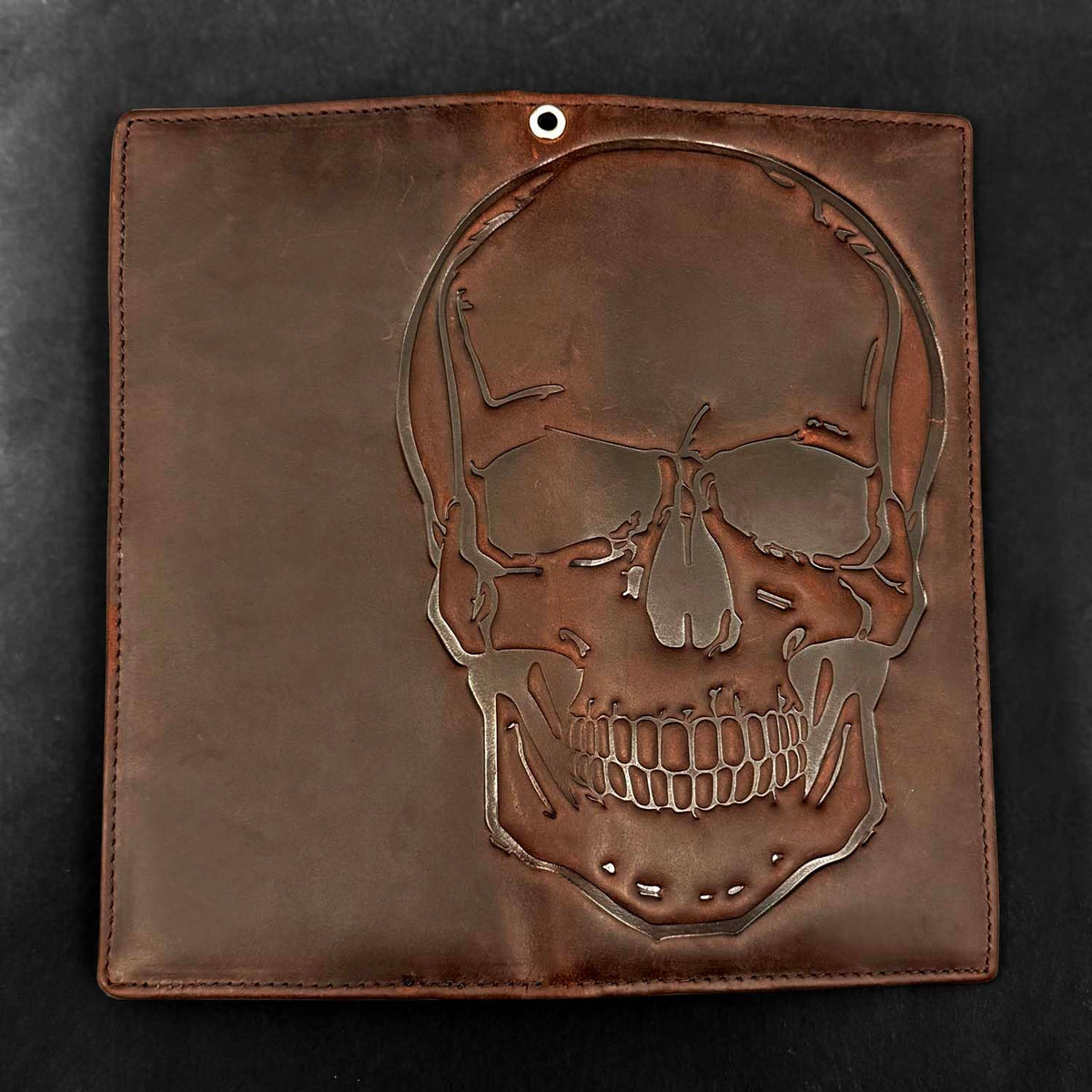 Paomadeng Skull Long Bifold Wallet for Men Full Grain Cowhide Genuine Leather Biker Wallet with Chain, RFID-Blocking, Brown