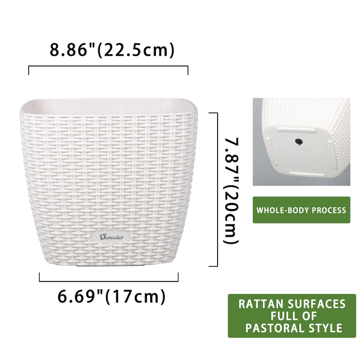 Dexceder 9x8 Self Watering Planter Indoor Outdoor, Inner Mat Design, Thickened Table Flower Plant Pot with Water Level Indicator (Ivory White Rattan)