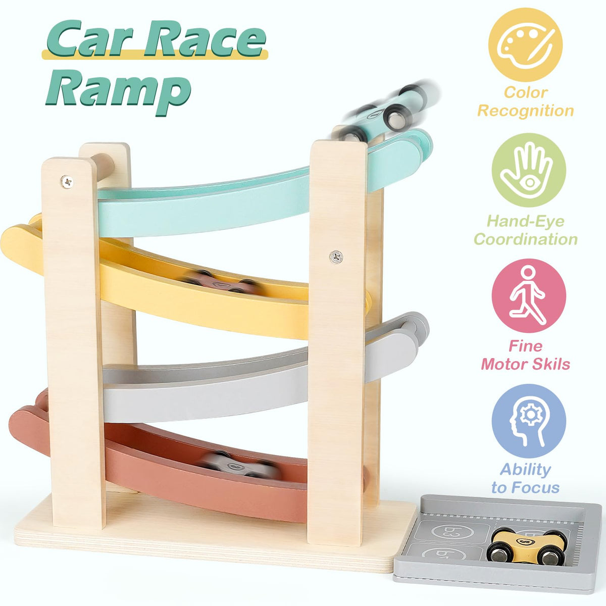 Vanplay Car Ramp Toys for One Year Old Boy Birthday Gifts, Wooden Montessori Toys for 1 2 Year Old, Race Track Truck Toy with 4 Mini Cars, First Christmas Birthday Gifts for Toddlers 1-3-2-4