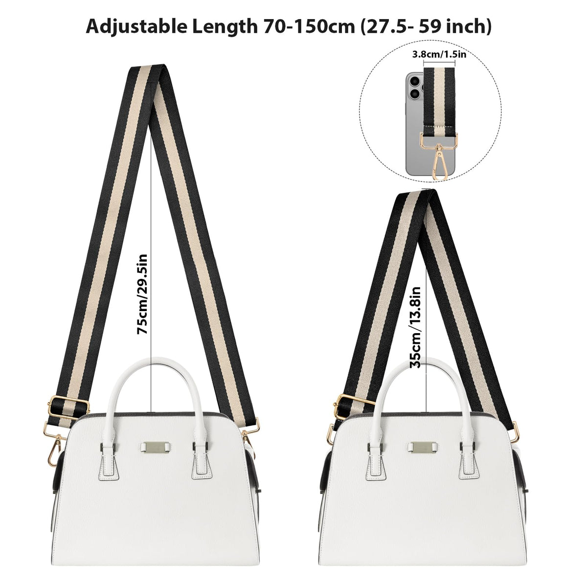 Muteffcase Purse Strap Replacement Crossbody, Wide Shoulder Bag Strap for Handbag, Tote Strap Adjustable (1.5 inch Gold - White/Black)