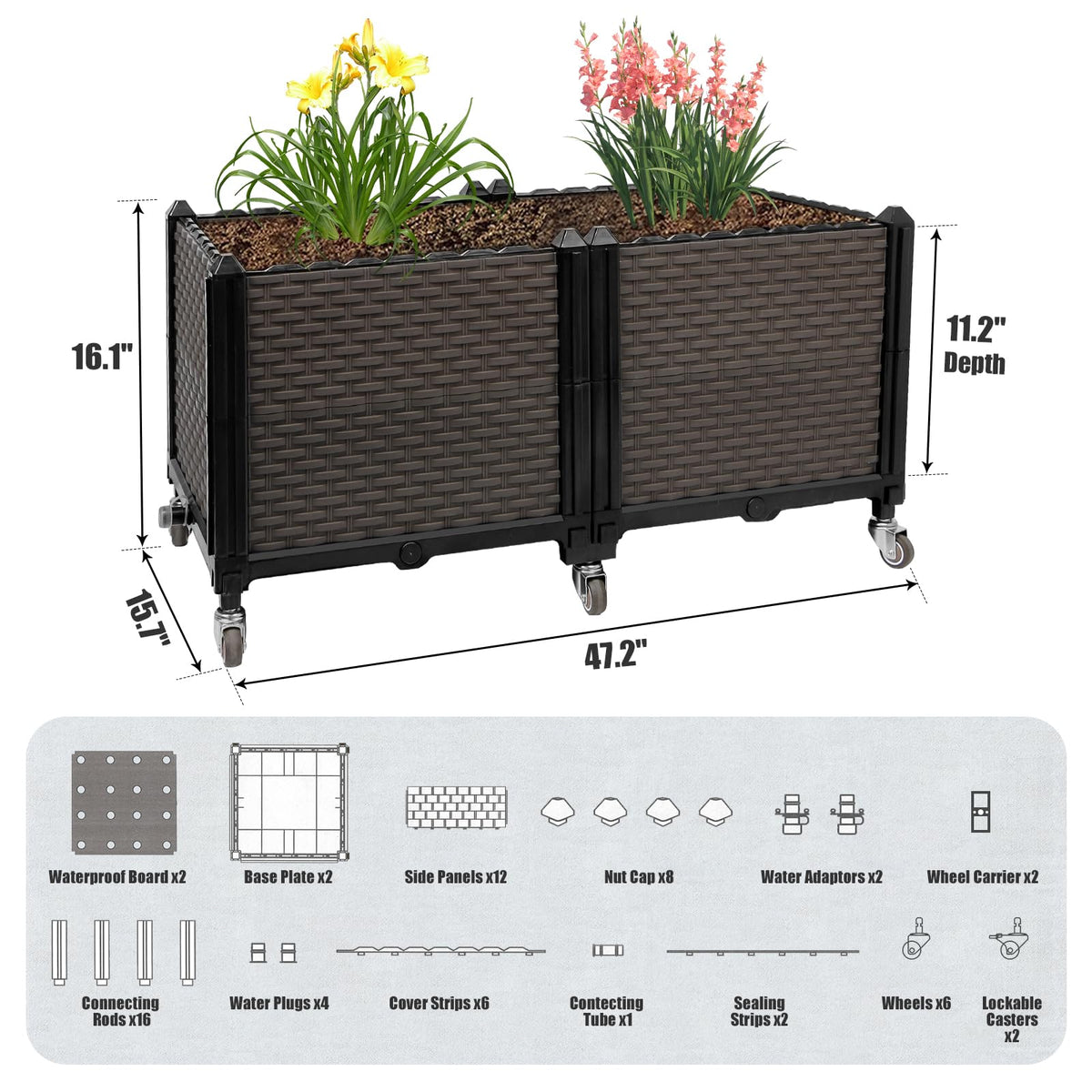 Ciao Stilista Raised Plant Box with Wheels 31.5"x15.7"x16.1", Raised Beds for Gardening Self Watering, Durable Metal Lockable Casters, Rectangular Garden Planter Perfect for Garden Patio Balcony Deck