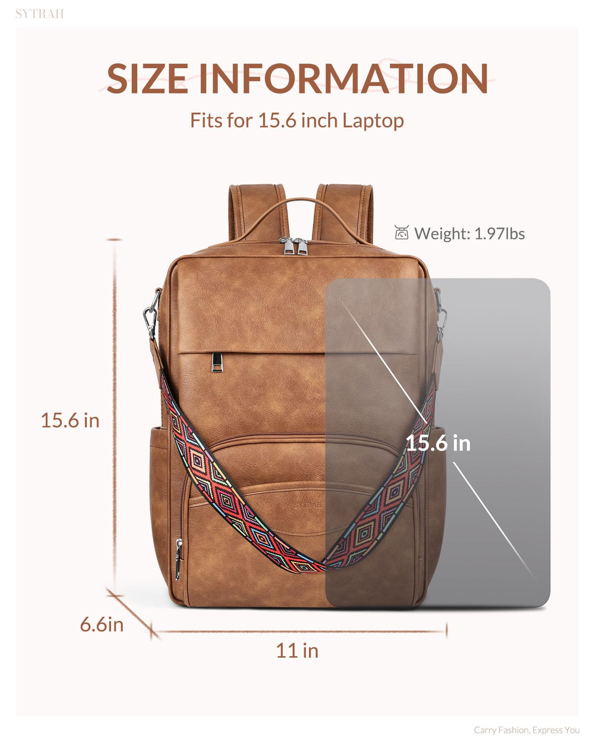 SYTRAH Leather Laptop Backpack for Women, 15.6 Inch Business Computer Bag, Designer College Backpack Travel Backpack with Colorful Shoulder Bag Strap Mocha Brown