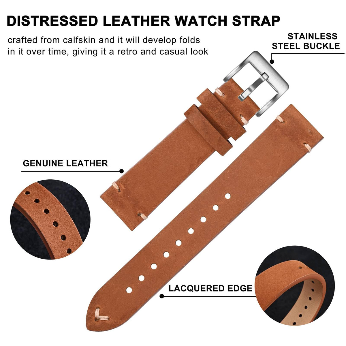 BISONSTRAP Distressed Leather Watch Strap, Watch Replacement Bands for Men, Quick Release Spring Bars, 20mm, Toffee Brown (Silver Buckle)