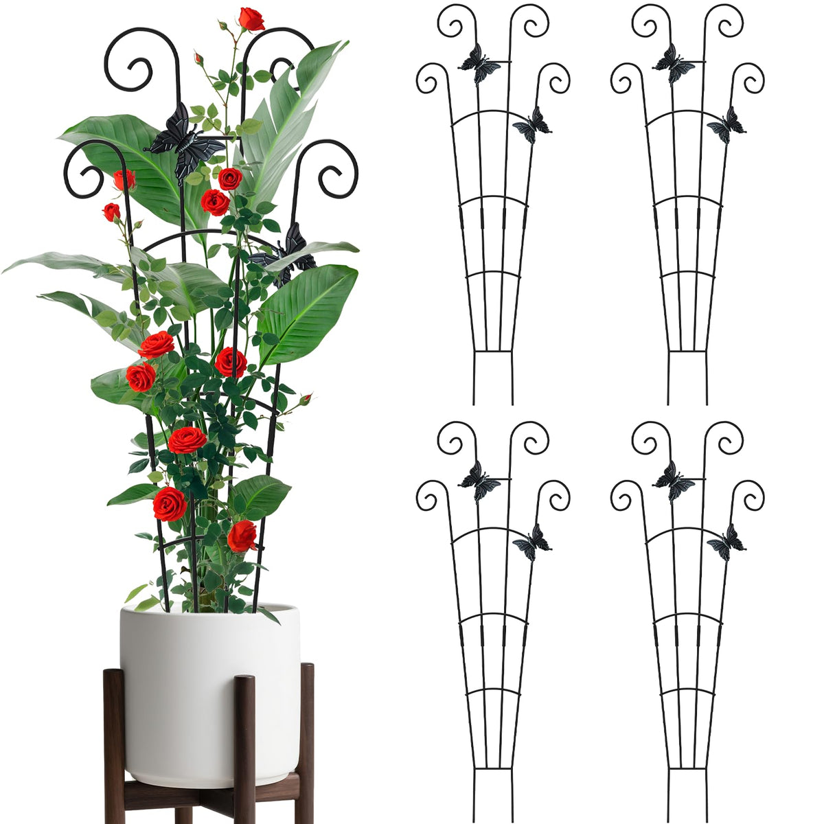 4 Pack 30 InchTaller Plant Trellis for Potted Climbing Plants Indoor,Expandable Metal Garden Trellis for Climbing Plants, Flowers Vine Ivy, Sturdy Houseplant Support for Potted Plants with Ties