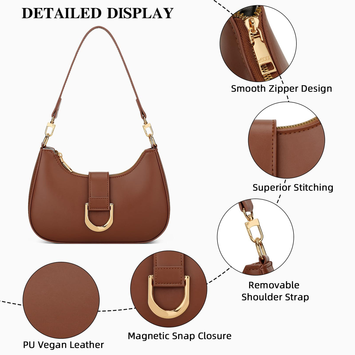 KKXIU Small Shoulder Bag for Women - Crescent Bag Small Purses for Women Trendy Vegan Leather Purse with Removable Strap (Brown)