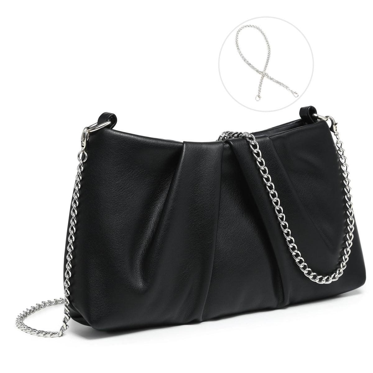 Dasein Elegant Pleated Evening Bag Soft Vegan Leather Clutch Purse Dressy Formal Handbag with 2 Chain Straps for Women (Black)