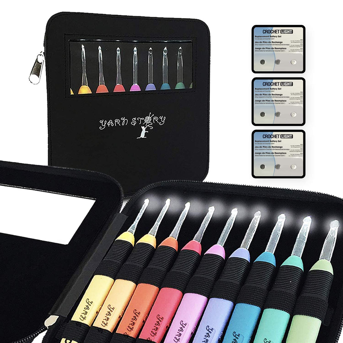 Yarn Story™ Lighted Crochet Hooks Complete Set 9/pkg - 9 pcs Light up Crochet Hook Set w/ 9 Extra Batteries – Crochet Lite Hooks – LED Crochet Hooks for Arthritic Hands Sizes 2.5 to 6.5mm (Black)