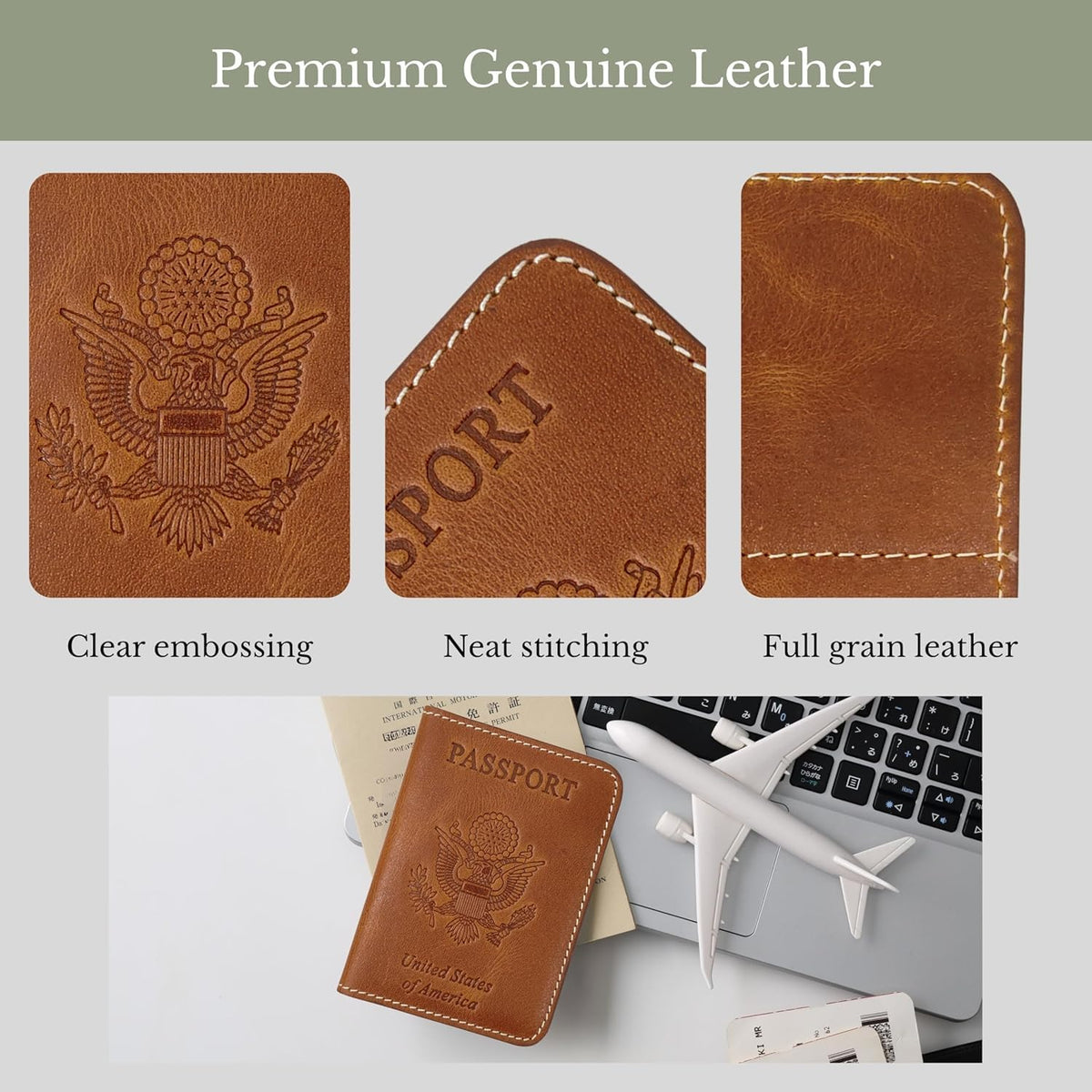 ZAHANAARA Passport Holder for Travel | Premium Leather Passport Cover & Protector | Stylish Travel Document Organizer with Embossed US Seal | Unisex Case with Slots for Cards & Boarding Passes - Brown