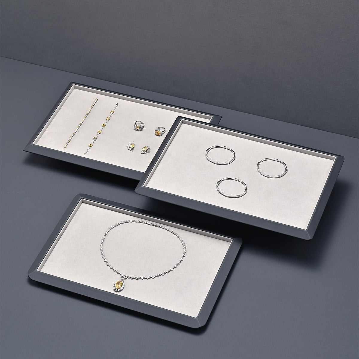 Oirlv Gray Leather Jewelry Display Tray with Microfiber Lining, Premium Square Corner Organizer