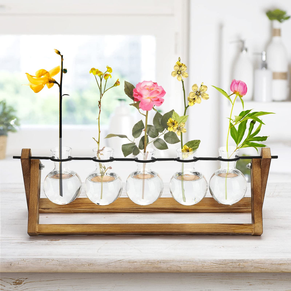 Modern Crystal Test Tube Vases with Wooden Stand Holder Set, Artistic Creative Hydroponics Vase Ornaments, Desktop Bulb Glass Vase, Plant Terrarium Stand for Home Office Garden Decor(U Shaped Rod)