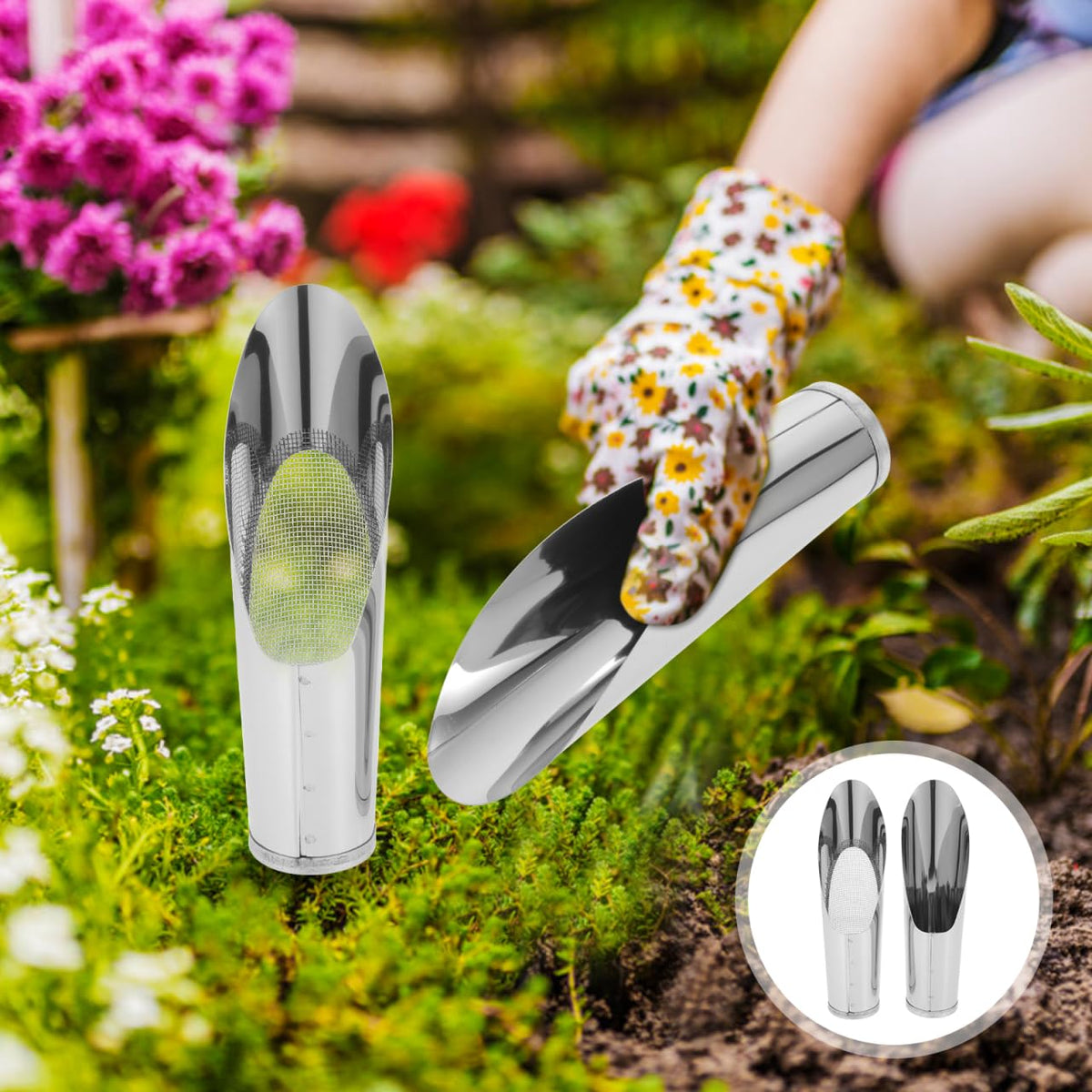 2Pcs Stainless Steel Garden Shovel and Soil Sifter Set for Planting, Portable Soil Scoop and Sifter for Bonsai, and Vegetable Gardening