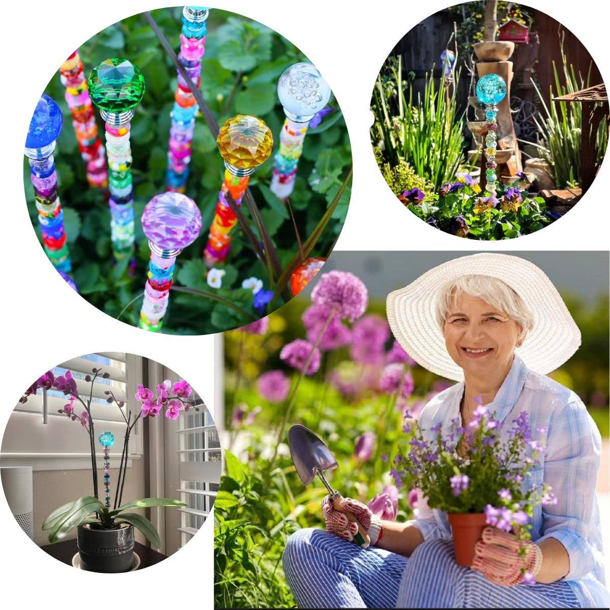 Handmade Beaded Garden Stakes – Set of 4 Decorative Crystal Plant Wands, Glass Suncatcher Ornaments for Potted Plants & Flower Beds, Unique Garden Gifts for Plant Lover & Mother’s Day – 12 Inch