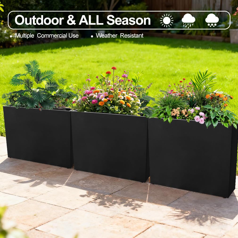Megawodar Metal Tall Long Planter Box Large Rectangular Planter Flower Pot with Drainage Holes for Indoor Outdoor Deck Porch Garden Home Patio Front Door (Black, 36" L x 10" W x 28" H)