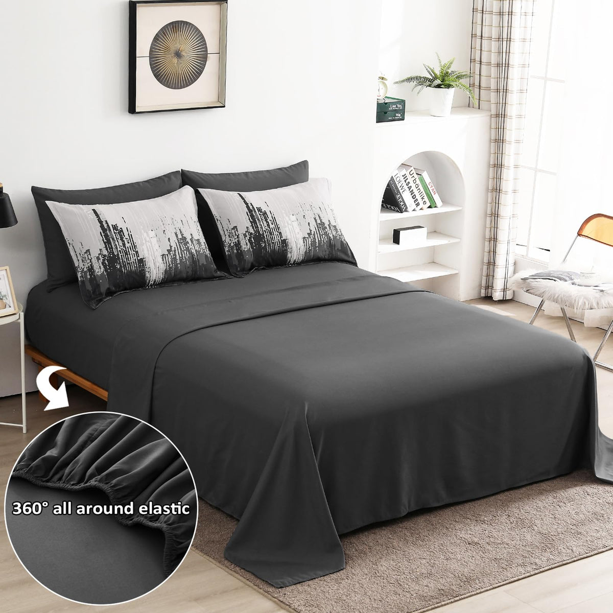 WONGS BEDDING Comforter Set Queen,Black Grey 7 Pieces Bed in a Bag Colorful Abstract Art Gradient Comforter Soft Microfiber Bedding Set with Comforter,Flat Sheet,Fitted Sheet,Pillow Shams,Pillowcases