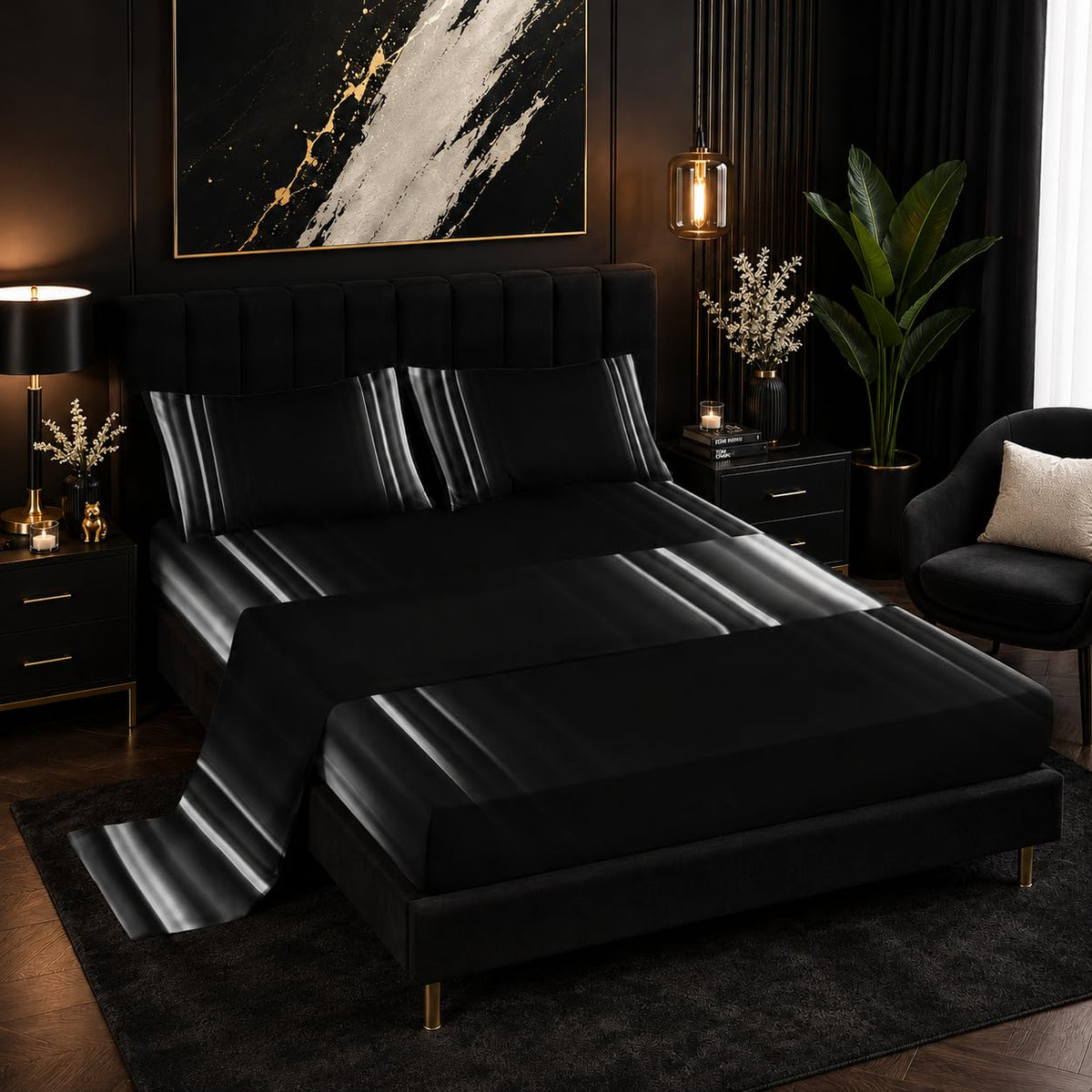 Nttopship White and Black 4 Pieces Bed Sheet SetsQUEEN Size Abstract Ombre Bedding Sets with 16" Deep Pockets Abstract Ombre Bedroom Decor,Bedding Set 4 PCS(1 Fitted+1 Flat+2 Pillowcases)