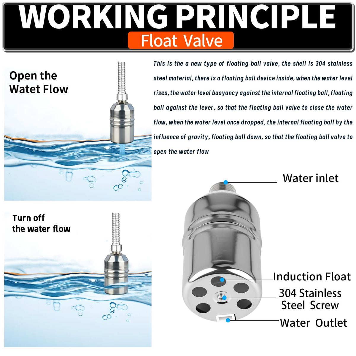 1/2“ 304 Stainless Steel Automatic Water Level Control Float Valve for Water Tank, Cattle Trough, Pools, Livestock (With Elbow, Metal Clip, 1/2" to 3/4" adapter) (3-Pcak)