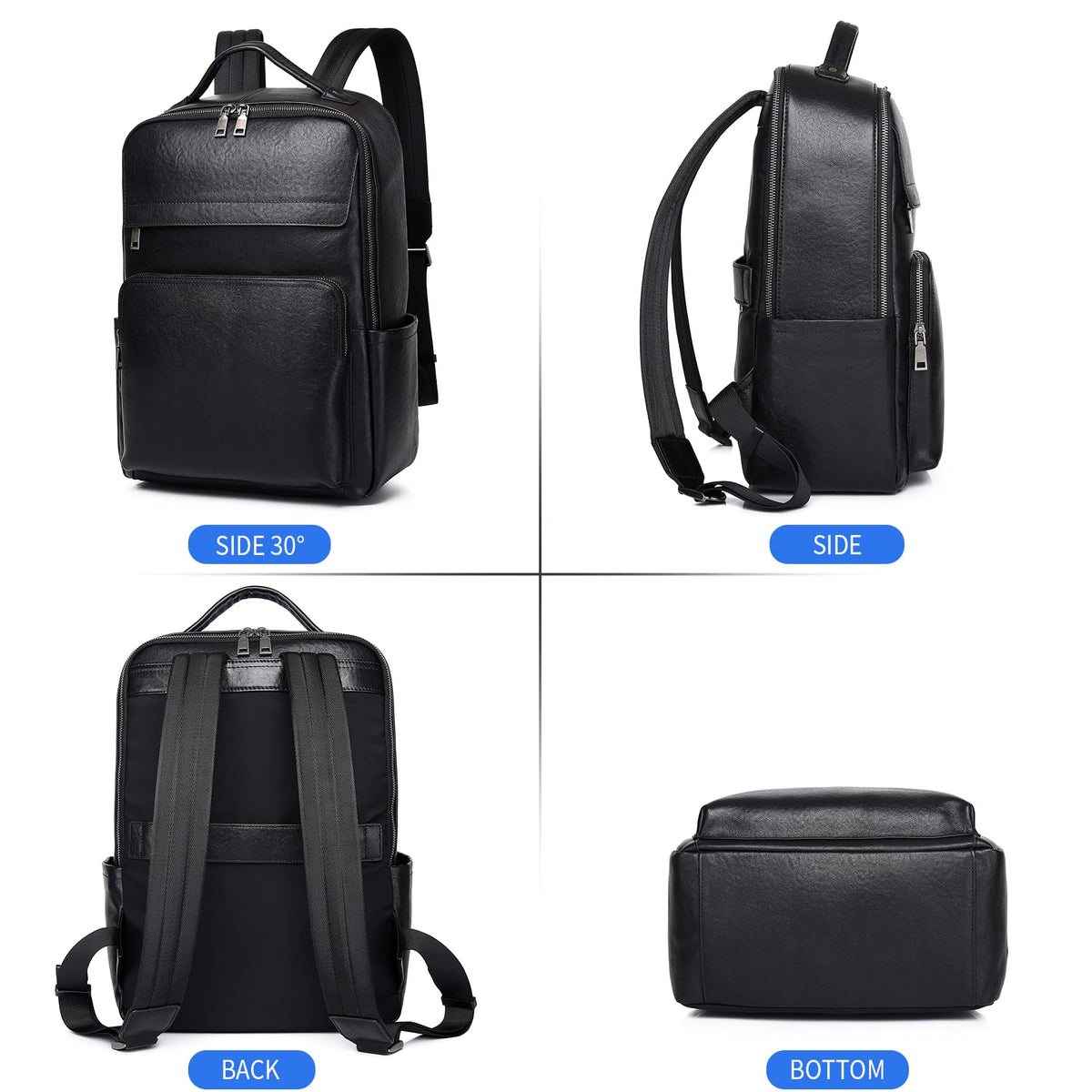Wesccimo Veg-Tan Genuine Leather Backpack for Men Multi-Functional 15.6" Laptop Backpack, Black Business Travel Luxury Backpack Work Daypack