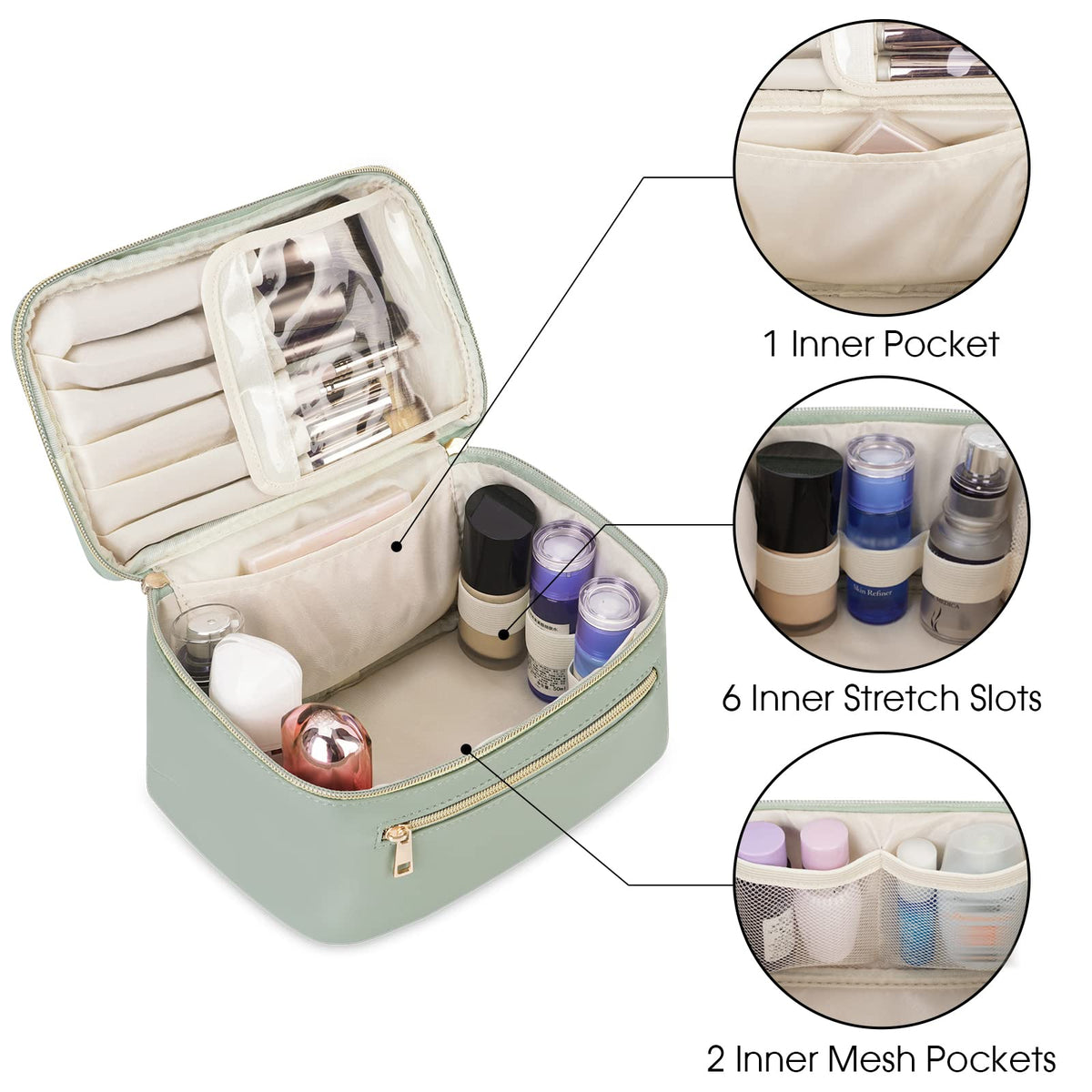 Wandering Nature Makeup Bag, Travel Make Up Organizer Cosmetic Brush Bags Case for Women in Vegan Leather, Sage Green, Patent Pending