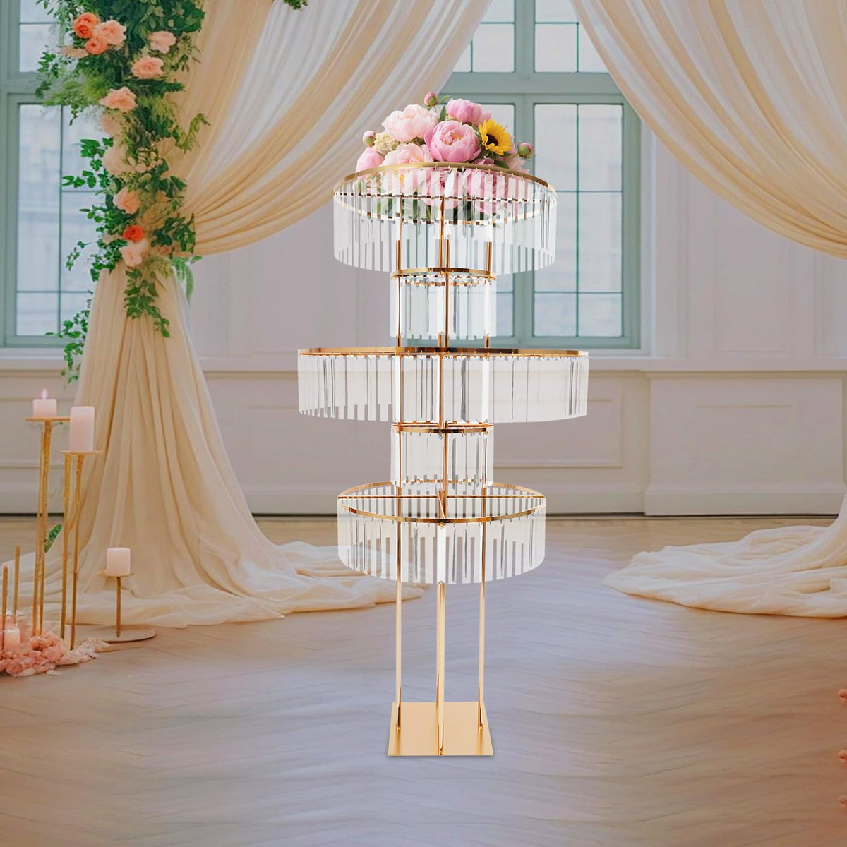 Headery 5 Tiers Round Wedding Centerpieces Vase, 61in Gold Acrylic Flower Stand with Hanging Crystals, Square Chandelier Pedestal Stand for Party Table Decoration Lawn Hotel Opening (Styel-4)