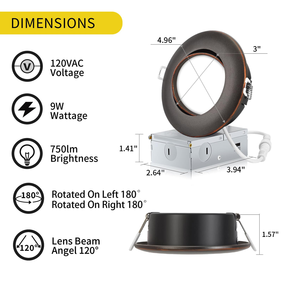 KnLnny Ware 4 Inch LED Recessed Lights 6 Pack, Adjustable Gimbal, 9W 750LM, Dimmable, Oil Rubbed Bronze, Model KL-Light2025