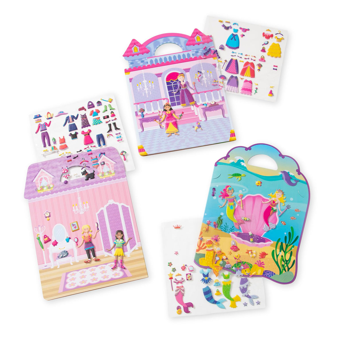 Melissa & Doug Puffy Sticker Activity Books Set of 3 – Dress-Up, Princess & Mermaid, with 208 Reusable Stickers and Fold-Out Scenes, Mess-Free Travel Toys for Kids Ages 4+ - FSC Certified