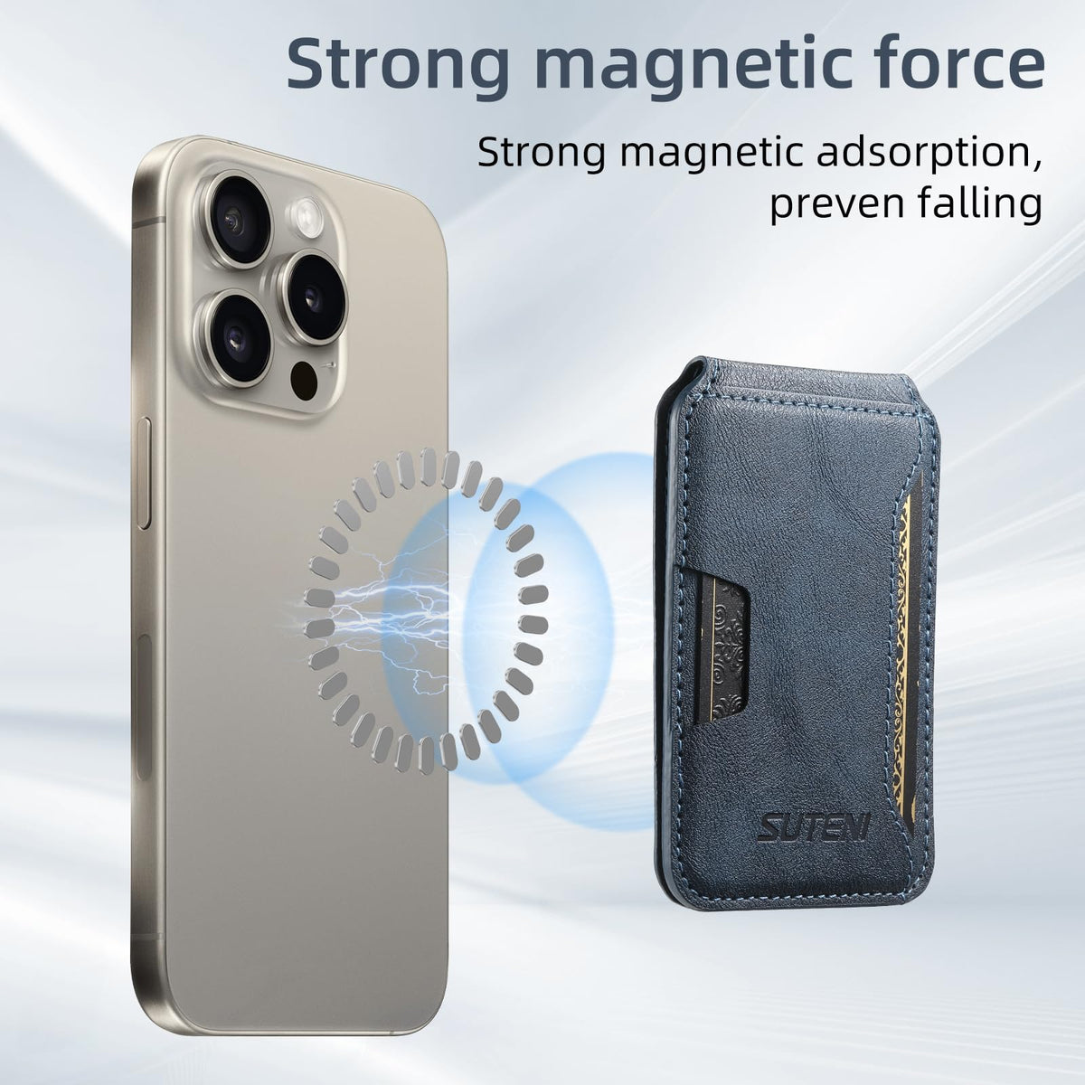 HXY Magnetic Card Holder Wallet for iPhone, Compatible with MagSafe, PU Leather Minimalist Slim Card Holders Fit 3 Cards with Adjustable Stand for iPhone 16/15/14/13/12 Series, Not for Mini (Blue)