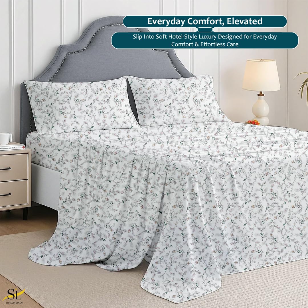 Shreem Linen Queen Sheet Set 4 Piece Bedding, Brushed Microfiber Soft Sheets for Queen Size Bed with Flat, Fitted Sheet, 2 Pillow Cases (CocoLeaf)