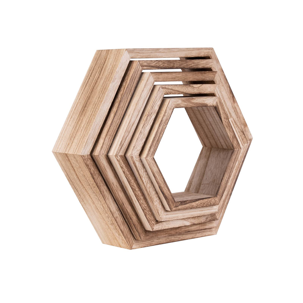 WONFUlity Hexagon Floating Shelves Honeycomb Shelves Wall Mounted Wood Farmhouse Storage Wall Shelf for Bathroom, Kitchen, Bedroom, Living Room,Driftwood Finish Decor,Light Brwon