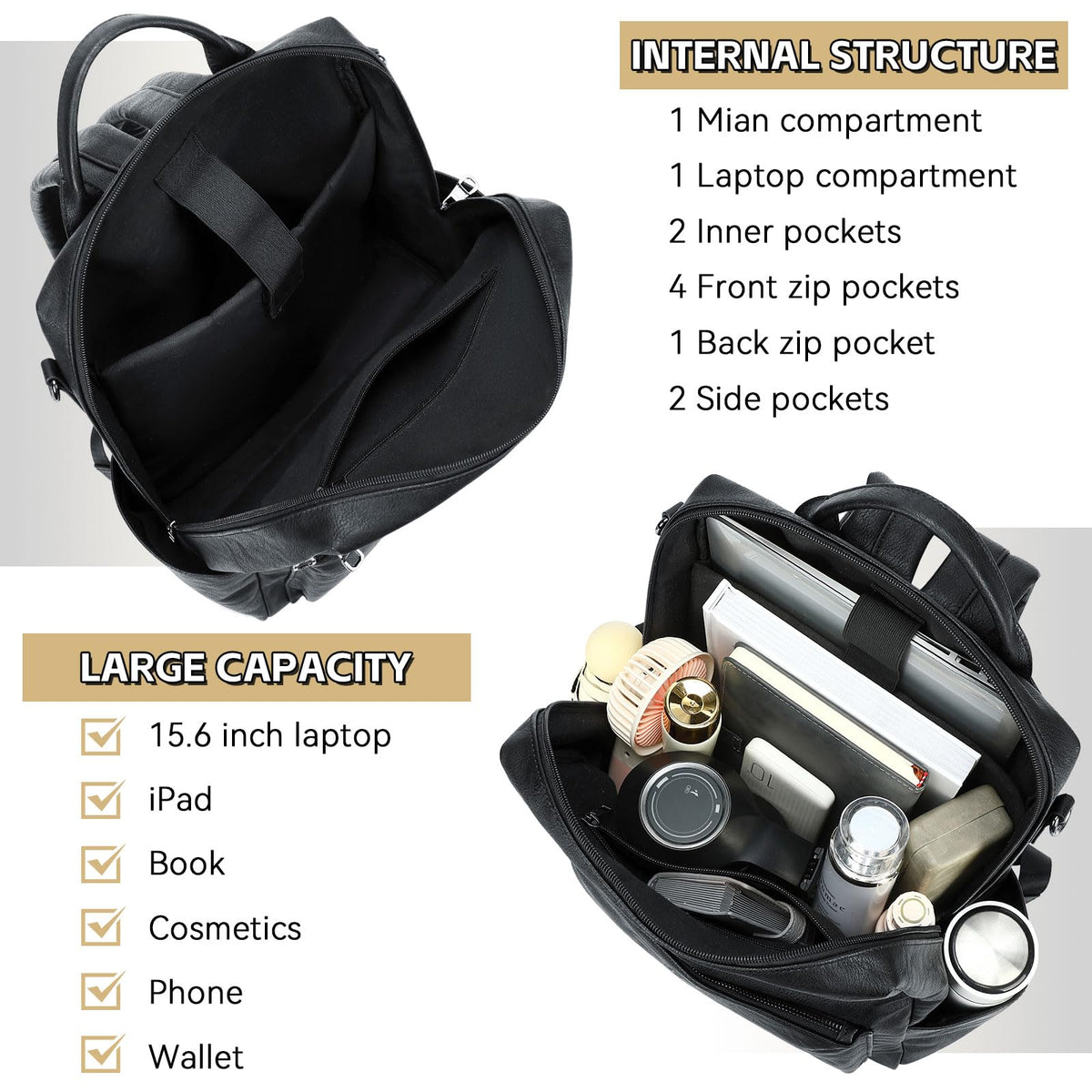AGLOD Vegan Leather Laptop Backpack for Women 15.6 Inch Work Backpack Purse for Travel College