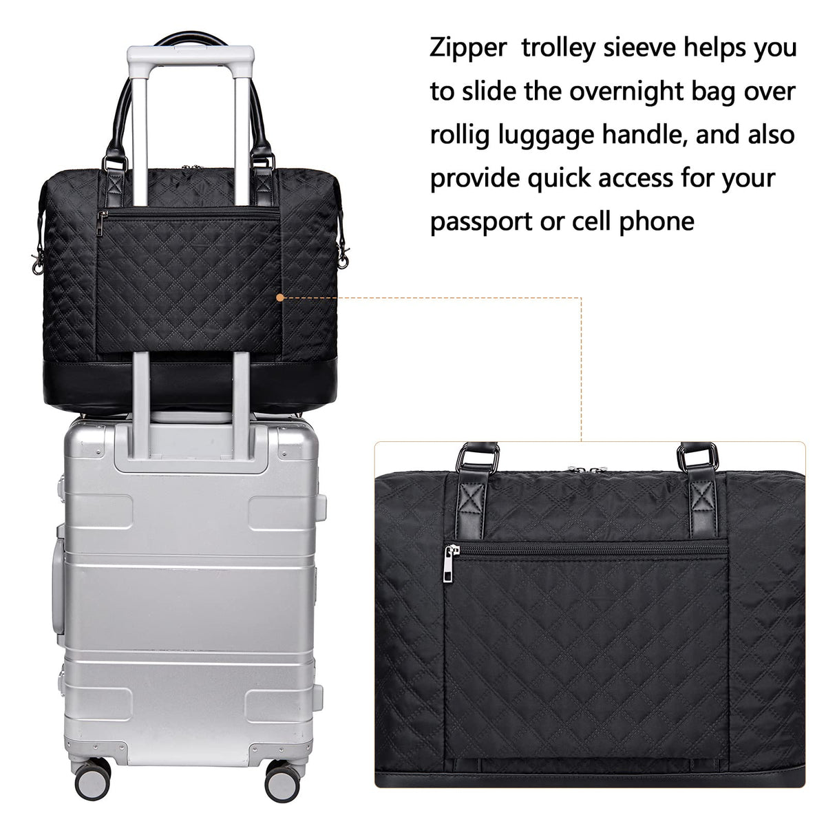Women Ladies Weekender Carry-on Tote Bag Overnight Duffel in Trolley Handle (Quilted black)