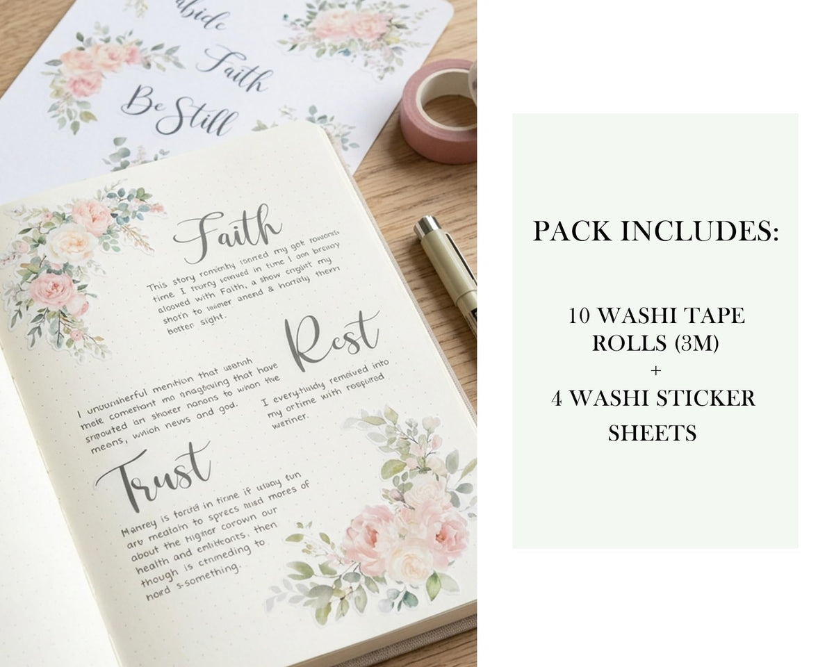 Bible Journaling Washi Tape Set for Women – 10 Rolls + Sticker Sheets, Floral Faith Theme Washi Tape with Scripture Verse & Christian Words, Decorative Tape for Planner, Prayer Journal Supplies