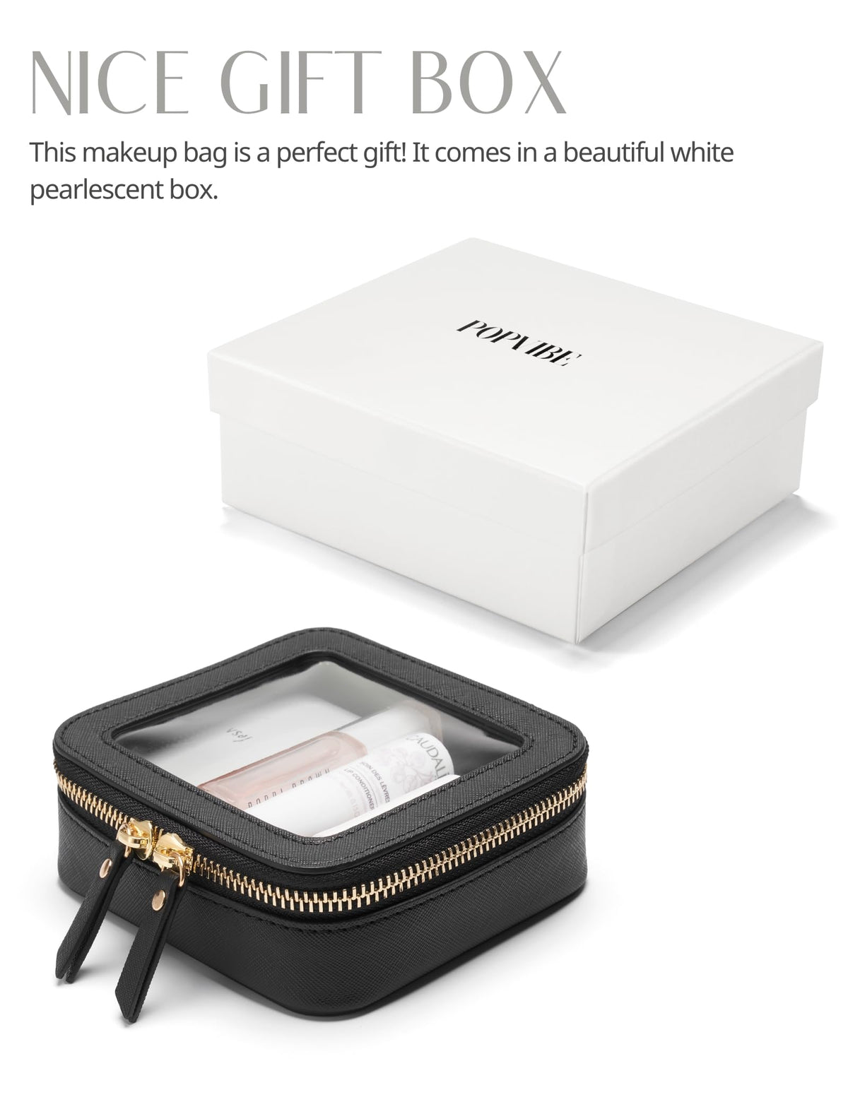 Mini Clear Black Makeup Bag - Cute Square Cosmetic Pouch for Travel with Zipper - For Women & Girls
