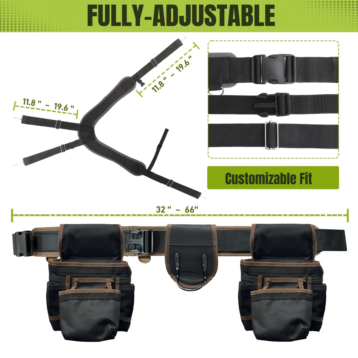 Tool Belt for Men, 32 to 66 Inches Adjustable Waist, Electrician and Carpenter Tool Belt with Suspenders for Construction and Gardening, Black and Brown, Oxford Fabric