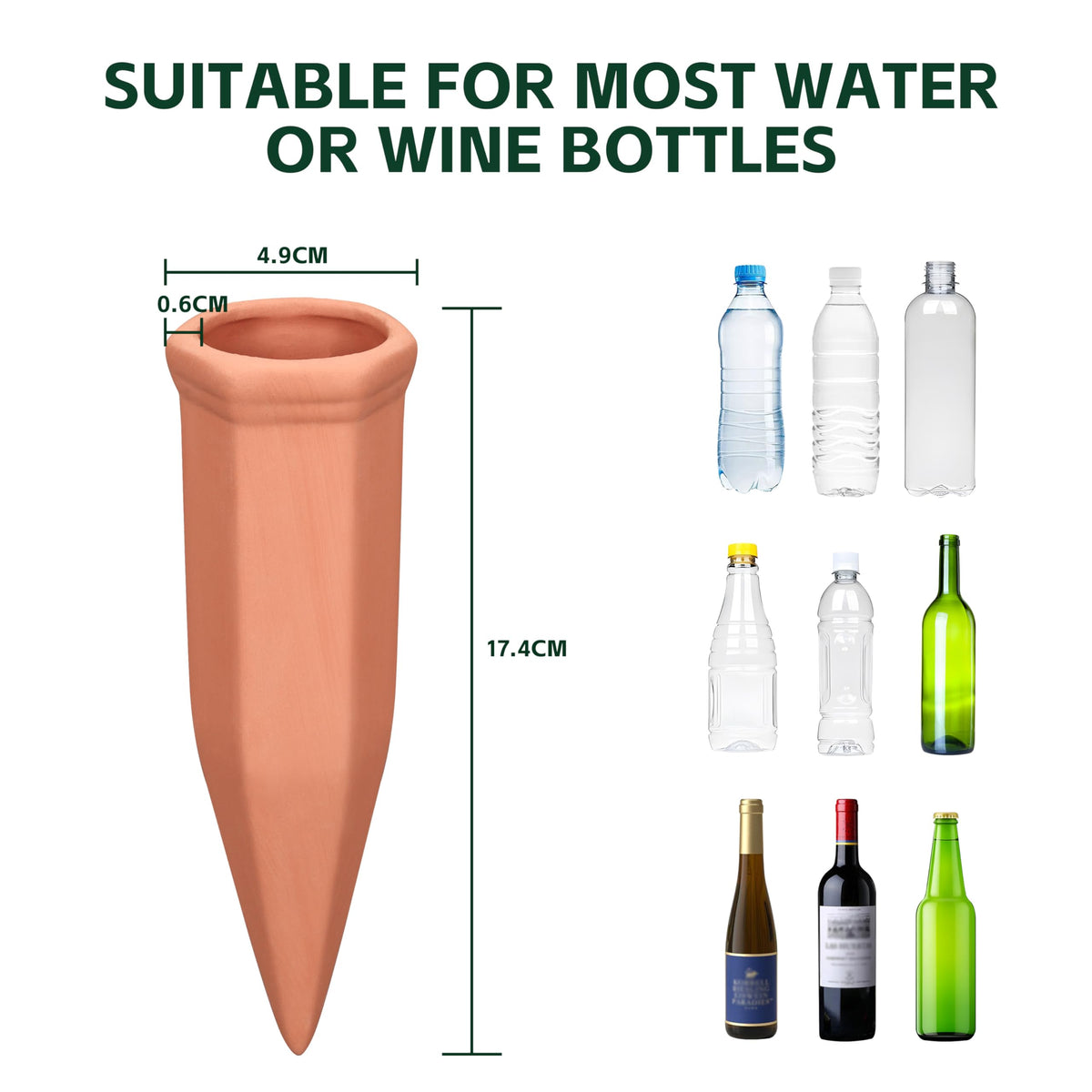 Soilagua Terracotta Watering Spikes, Wine Bottle Watering Stakes, Slow Release Self Watering Planter Insert for Out | Indoor Plants, Vacation Plant Watering Devices, Automatic Plant Waterer, 4-Pack