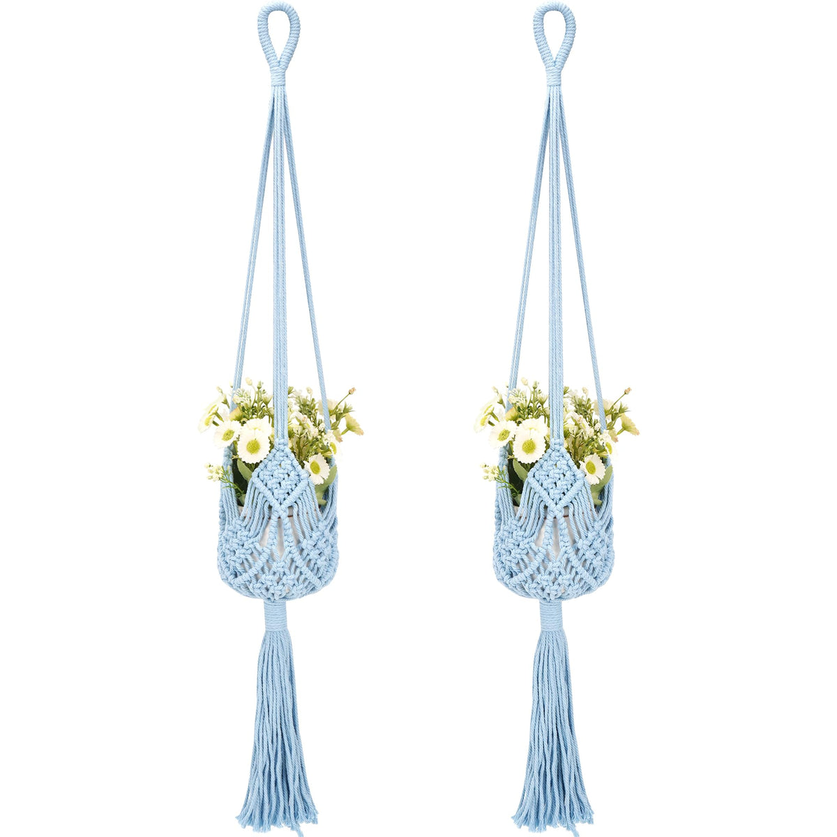 BUNCHBRAVO 2 Pack Macrame Plant Hangers, 33-Inch Cotton Rope Hanging Planters with Diamond Design, Boho Home Decor for Indoor and Outdoor Use, Blue