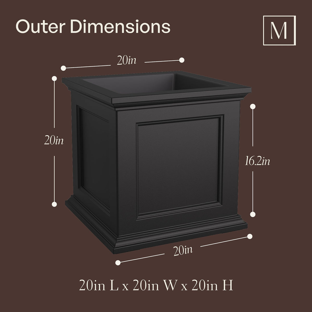 Mayne Fairview Self Watering Planter Box - 20 Inch Large Square, Classic Inset Panels, New England Architecture, Double Wall, UV & Weather Resistant for Indoor and Outdoor Use, Black