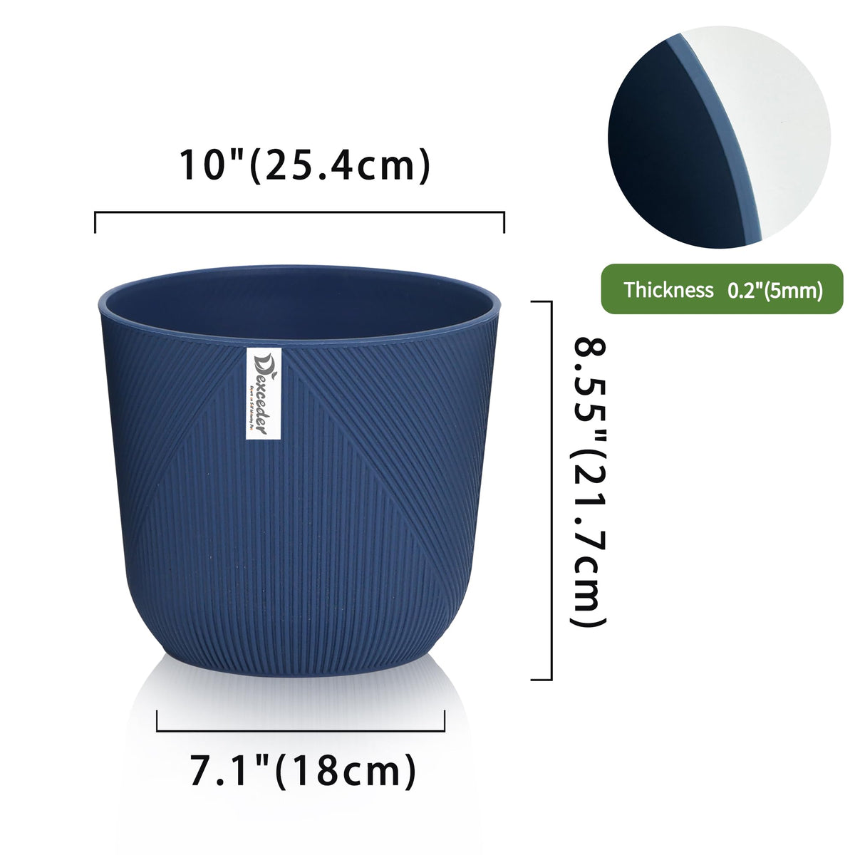 Dexceder 10x9 Striped Table Flower Plant Pot with Drainage Hole & Removable Plug (2 Pack, Deep Blue)