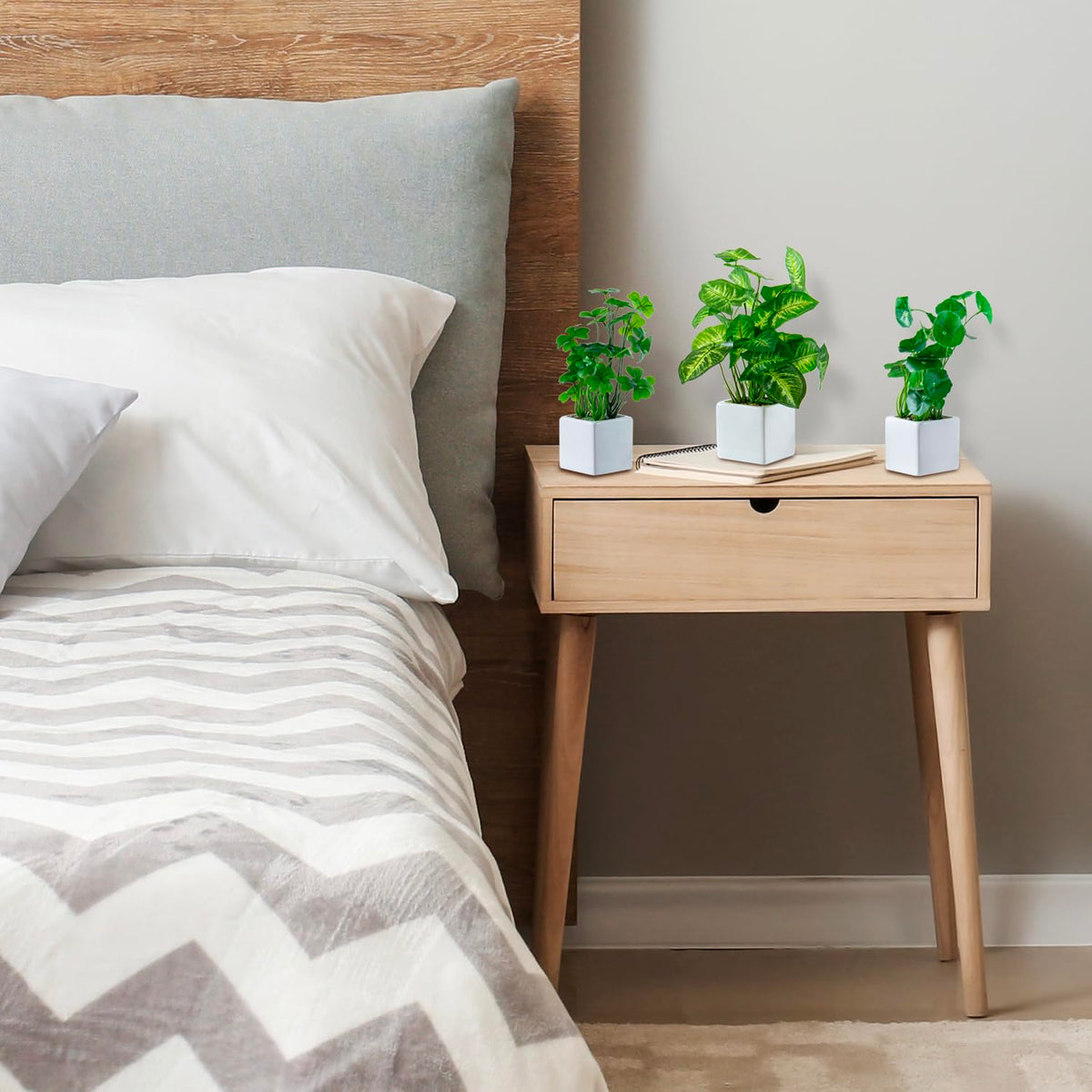 MyGift Set of 3 Artificial Plants, Faux Potted Plants Indoor, Small Fake House Plant in White Square Ceramic Pots for Shelf Decor