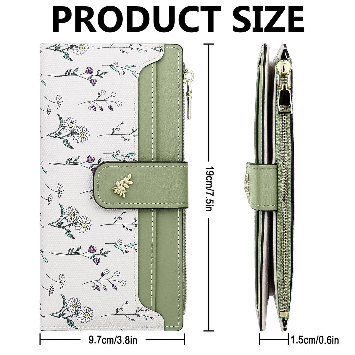 Farcauo Wallet Women Slim Wallets for Women with RFID Blocking Cute Thin Green Women's Wallet Kawaii Flower Womens Ladies Card Holder Wallets
