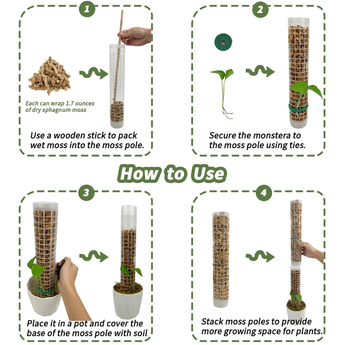 Jegu Self-Watering Moss Pole for Monstera Plant Support, 18.8 Inch Stackable Plastic Moss Pole for Climbing Plants. (4PACK-Large)