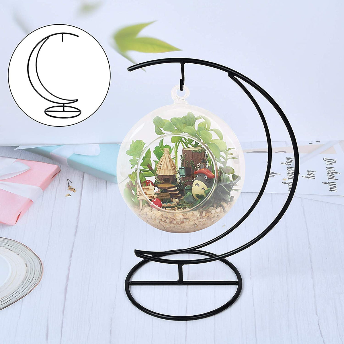 Archi Ornament Display Stand Holder Home Wedding Decoration Rack for Hanging Glass Globe Air Plant Flower Pot Stand Iron Pot Hook Stand Terrarium Witch Ball(Moon)