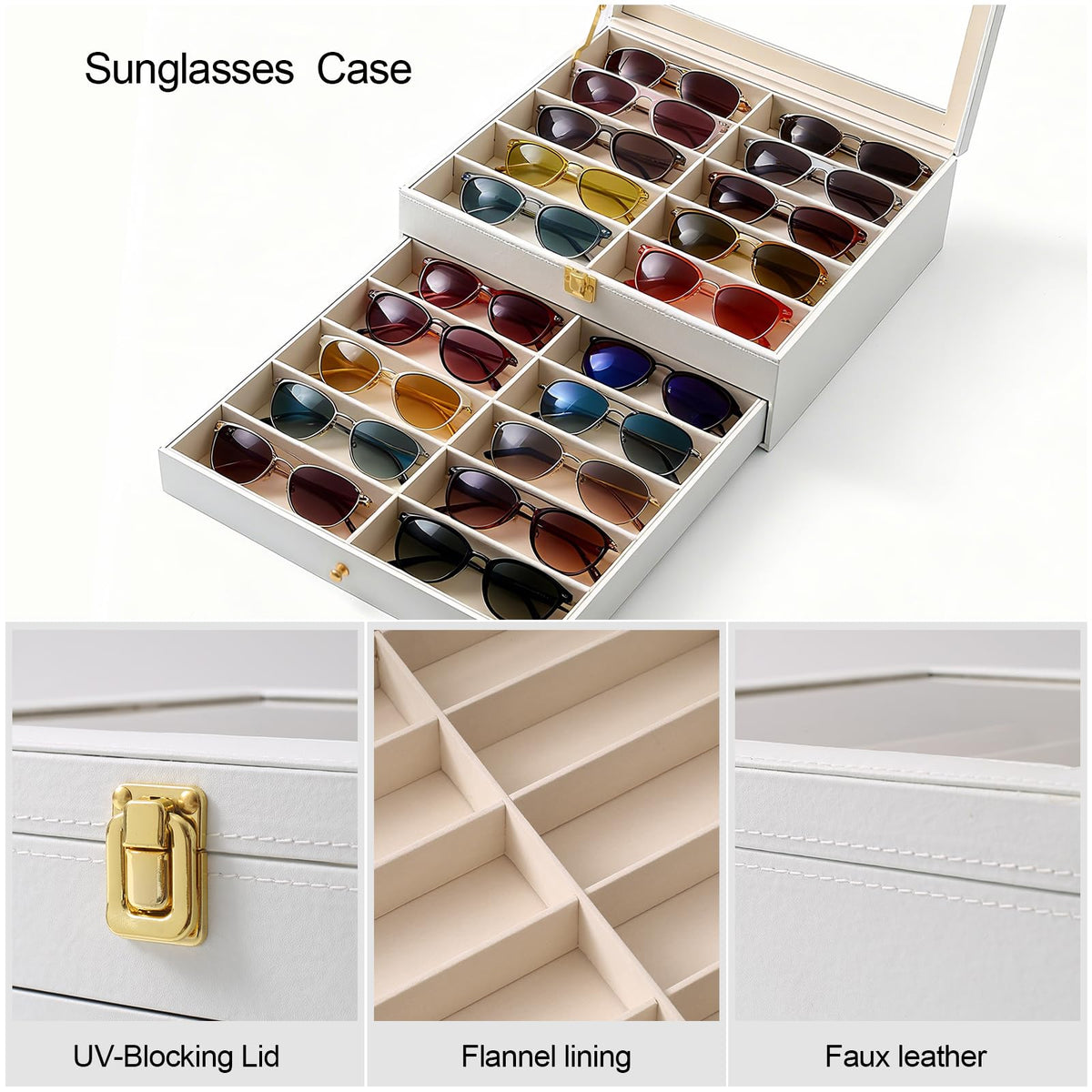 Luckybell Gifs 20 Slots PU Leather Sunglasses Organizer Jewelry Box,Multiple Pairs of Sunglasses Case Holder with Clear Lid