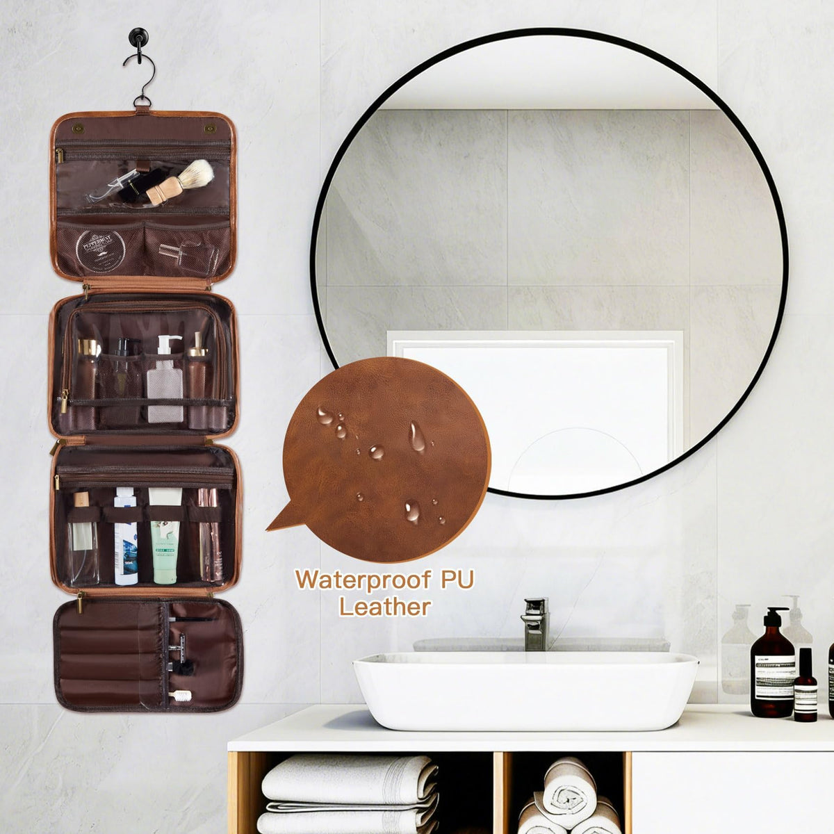 Aganmi Personalized 3-in-1 Hanging Toiletry Bag Fathers Day Birthday Gifts for Men Dad Husband, Custom Initial Large Waterproof PU Leather Dopp Kit Shaving Bag Travel Essential for Him Light Brown J