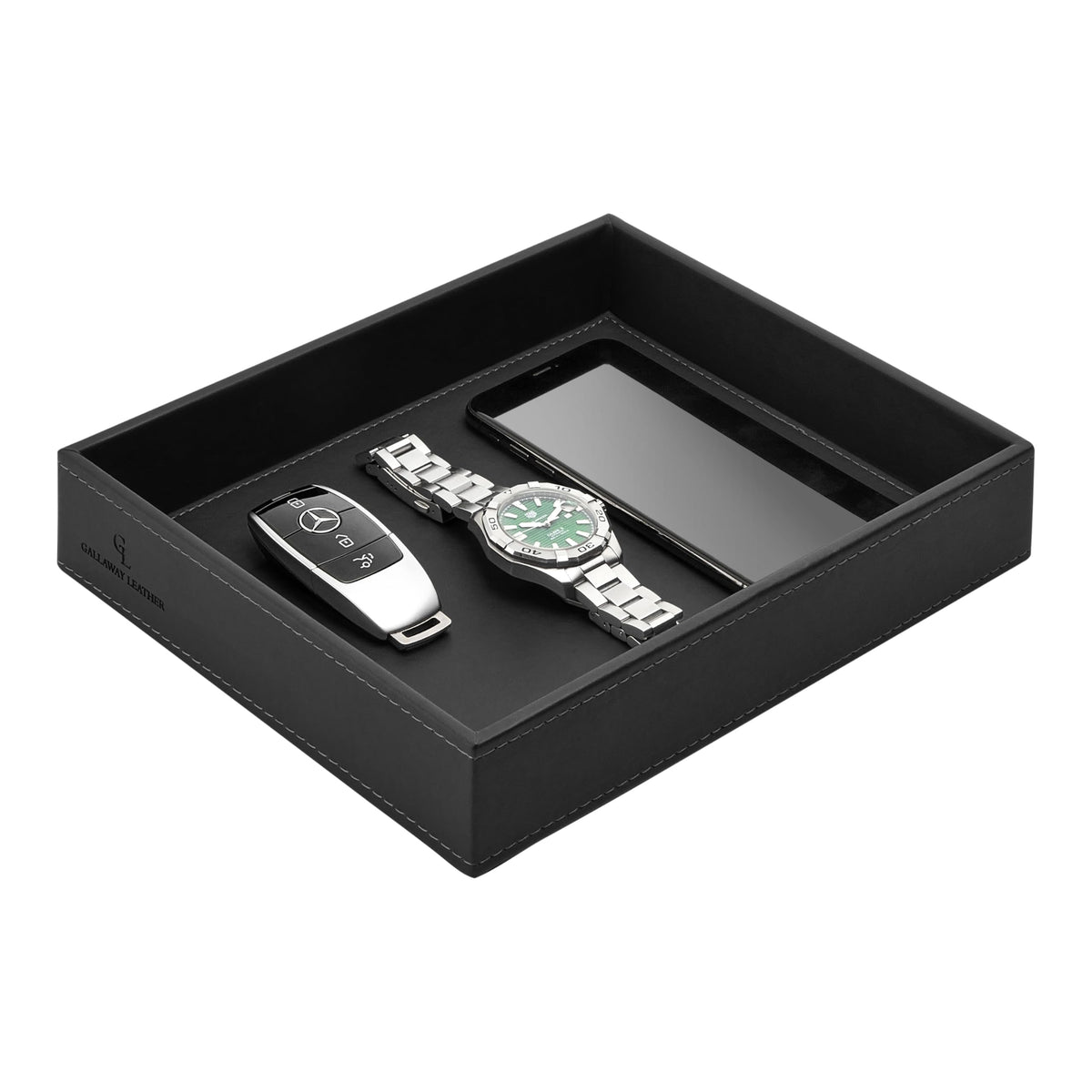 GALLAWAY LEATHER Valet Tray for Men - Nightstand Organizer EDC Tray for Wallet and Keys - Dresser Leather Catchall Dump Key Tray - Bedside Table Tray Organizer Key Bowl for Entryway Table (Black)