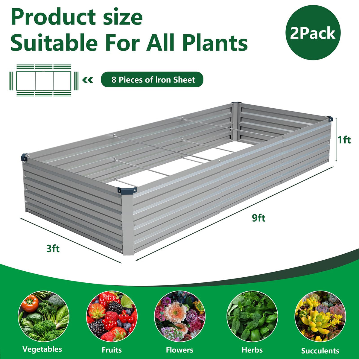 Vengarus 2 Pack 9x3x1FT Galvanized Raised Garden Bed Kit, Outdoor Metal Planter Box for Vegetables, Rectangular Steel Container, Easy Assembly (Silver)