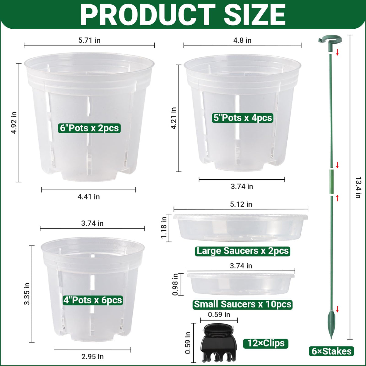 FDKYOEK 12 Pack Orchid Pots, 4/5/6 Inch Plastic Orchid Pots with Holes and Saucers, Clear Orchid Pot with Plant Stakes and Clips, Small Breathable Orchid Planter Nursery Pot for Repotting