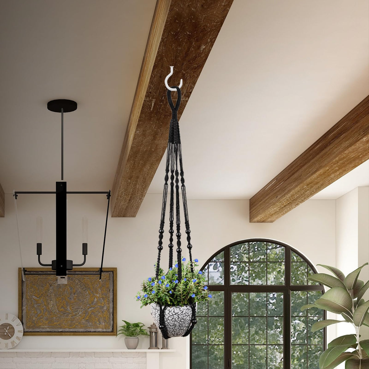 RIFNY Macrame Plant Hanger for 5 to 10 Inch Plant Pots, 35 Inch Woven Rope Hanger Kits with Hooks and Wood Beads, Hanging Planter Basket for Indoor Boho Home Decor (Black, 2 Pack)