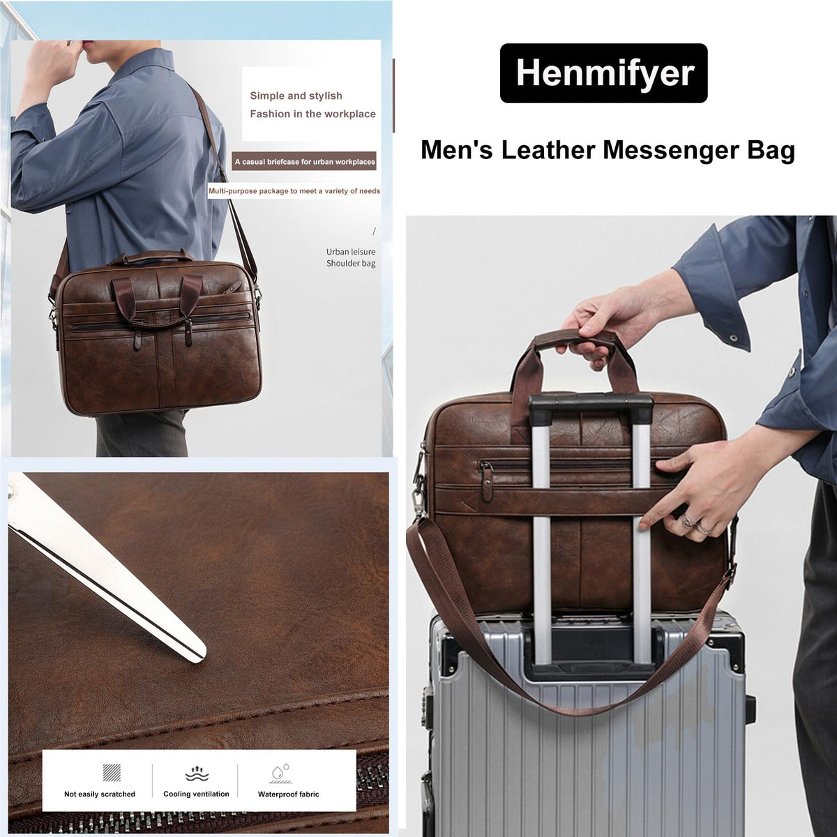 Henmifyer Men's Leather Messenger Bag, Laptop Briefcase Business Satchel Computer (Brown, 16 inch)