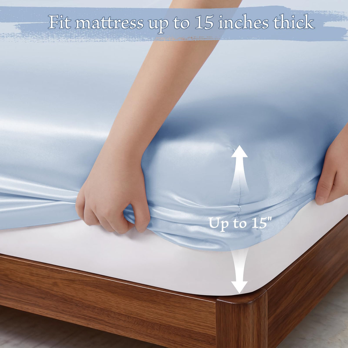 P Pothuiny 3-Piece Set Pintuck Satin Pillowcases & Twin Fitted Sheet, Baby Blue Satin Sheet Silky Soft Luxury Romantic Pinch Pleated Bedding Bedroom Dorm Decor, 15 Inch Deep Pocket